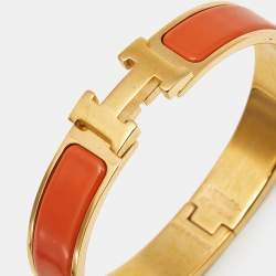 Pre Owned Hermès Clic H Orange Enamel Gold Plated Bracelet