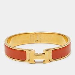 Pre Owned Hermès Clic H Orange Enamel Gold Plated Bracelet