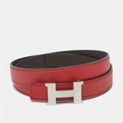 Pre Owned Hermes Rouge Casaque/Chocolat Swift Leather Brushed Constance Buckle Reversible Belt 95 CM
