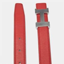 Pre Owned Hermes Rouge Casaque/Chocolat Swift Leather Brushed Constance Buckle Reversible Belt 95 CM