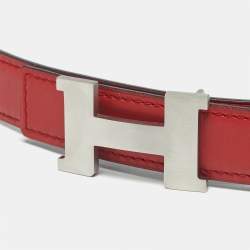 Pre Owned Hermes Rouge Casaque/Chocolat Swift Leather Brushed Constance Buckle Reversible Belt 95 CM
