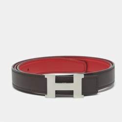 Pre Owned Hermes Rouge Casaque/Chocolat Swift Leather Brushed Constance Buckle Reversible Belt 95 CM