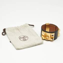 Pre Owned Hermès Collier De Chien Black Leather Gold Plated Bracelet S