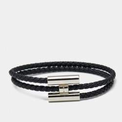 Pre Owned Hermes Tournis Tresse Black Leather Palladium Plated Bracelet