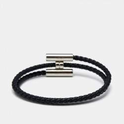 Pre Owned Hermes Tournis Tresse Black Leather Palladium Plated Bracelet