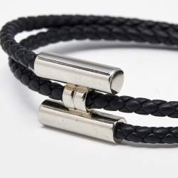 Pre Owned Hermes Tournis Tresse Black Leather Palladium Plated Bracelet