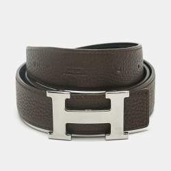 Pre Owned Hermès Chocolat/Black Clemence and Box Leather H Buckle Belt 90CM