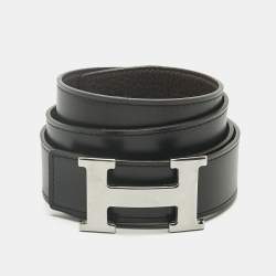 Pre Owned Hermès Chocolat/Black Clemence and Box Leather H Buckle Belt 90CM