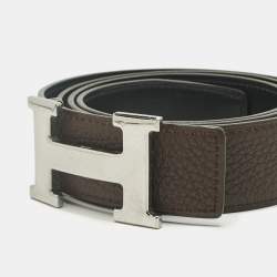 Pre Owned Hermès Chocolat/Black Clemence and Box Leather H Buckle Belt 90CM