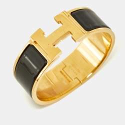 Pre Owned Hermes Clic Clac H Black Enamel Gold Plated Bracelet