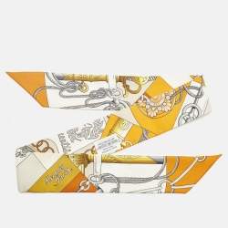 Pre Owned Hermès Orange Printed Silk Twilly