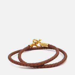 Pre Owned Hermes Gold Leather Glennan Double Tour Bracelet