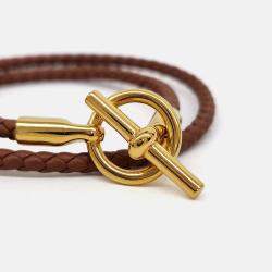 Pre Owned Hermes Gold Leather Glennan Double Tour Bracelet