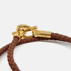 Pre Owned Hermes Gold Leather Glennan Double Tour Bracelet