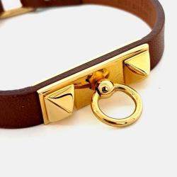 Pre Owned Hermes Brown/Gold Leather Micro Rival Bracelet