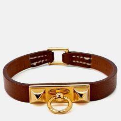 Pre Owned Hermes Brown/Gold Leather Micro Rival Bracelet