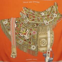 Pre Owned Hermès Orange Silk Selle Des Steppes Scarf