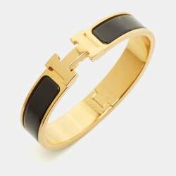 Pre Owned Hermes Clic H Black Enamel Gold Plated Bracelet