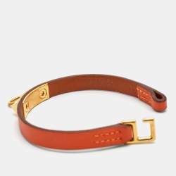 Pre Owned Hermes Rivale Leather Gold Plated Bracelet 