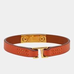 Pre Owned Hermes Rivale Leather Gold Plated Bracelet 