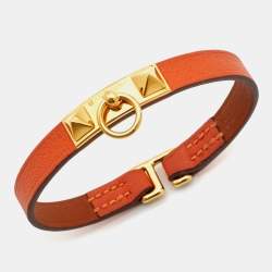 Pre Owned Hermes Rivale Leather Gold Plated Bracelet 