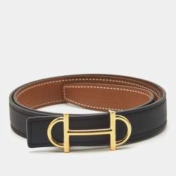 Pre Owned حزام هيرمس إبزيم غاما 85 سم جلد إيبسوم وسويفت ذهب/نوير