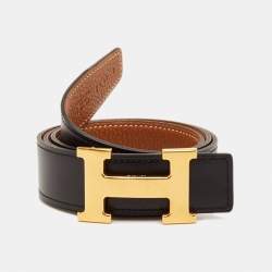 مملوكة مسبقًا Hermès Gold/Black Box And Togo Leather Constance Reversible Belt 85CM