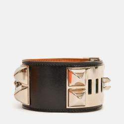 Pre Owned Hermes Black Leather Collier De Chien Bracelet PHW Size 3