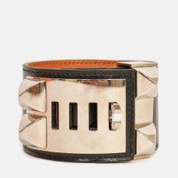 Pre Owned Hermes Black Leather Collier De Chien Bracelet PHW Size 3