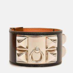 Pre Owned Hermes Black Leather Collier De Chien Bracelet PHW Size 3