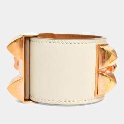 Pre Owned سوار هيرمس 2015 جلد أبيض لون ذهبي 'كولير دي شيان'