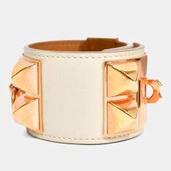 Pre Owned سوار هيرمس 2015 جلد أبيض لون ذهبي 'كولير دي شيان'
