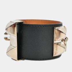 مملوكة مسبقًا Hermes 2014 Black Leather Silver Collier de Chien Bracelet
