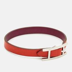 مملوكة مسبقًا سوار هيرميس بيهابي جلد برتقالي/أرجواني قابل للعكس بلمسة بلاديوم مقاس متوسط (ميديم)