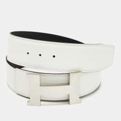 Pre Owned Hermes Brushed Constance 95 CM Reversible Buckle Belt Blanc/Noir Epsom and Swift Leather