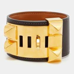 مملوكة مسبقًا Hermès Collier De Chien Leather Gold Plated Cuff Bracelet