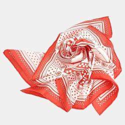 Pre Owned Hermes Red, White Silk Scarf