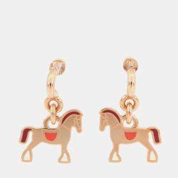 Pre Owned Hermes Cheval Grand Palade Earrings Pink Gold Metal Lacquer