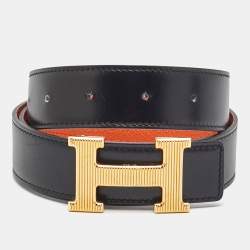 مملوكة مسبقًا Hermes H Strie 85 CM Reversible Buckle Belt Noir/Orange Box and Togo Leather