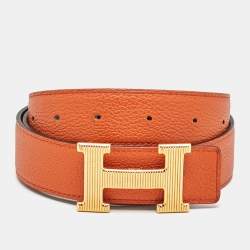 مملوكة مسبقًا Hermes H Strie 85 CM Reversible Buckle Belt Noir/Orange Box and Togo Leather