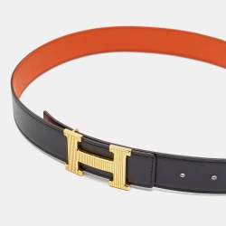 مملوكة مسبقًا Hermes H Strie 85 CM Reversible Buckle Belt Noir/Orange Box and Togo Leather