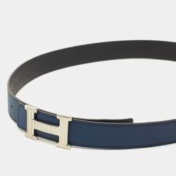 مملوكة مسبقًا Hermes H Strie 95 CM Reversible Buckle Belt Bleu De Malte/Bleu Nuit Epsom and Togo Leather
