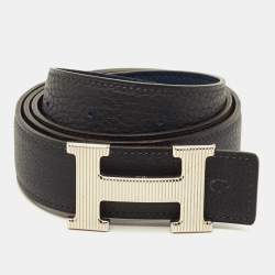 مملوكة مسبقًا Hermes H Strie 95 CM Reversible Buckle Belt Bleu De Malte/Bleu Nuit Epsom and Togo Leather