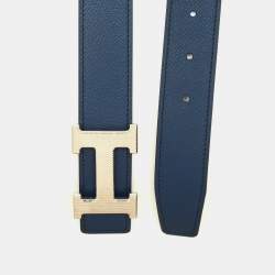 مملوكة مسبقًا Hermes H Strie 95 CM Reversible Buckle Belt Bleu De Malte/Bleu Nuit Epsom and Togo Leather