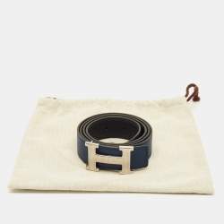 مملوكة مسبقًا Hermes H Strie 95 CM Reversible Buckle Belt Bleu De Malte/Bleu Nuit Epsom and Togo Leather