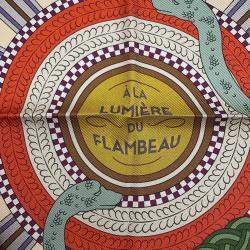 Pre Owned Hermes Carre Double Face A La Lumiere Du Flambeau Double Face Torchlight Size 90 Cream/Moldore/Blue Lavand Silk100%