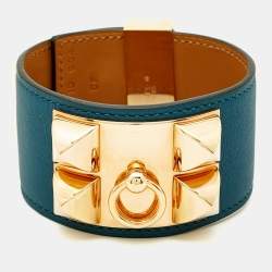 Pre Owned سوار هيرمس كوليه دو شين جلد أزرق مطلي بالذهب كبير