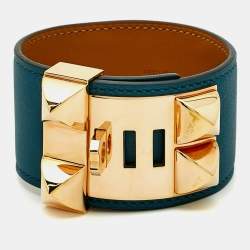 Pre Owned سوار هيرمس كوليه دو شين جلد أزرق مطلي بالذهب كبير