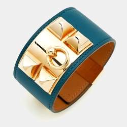 Pre Owned سوار هيرمس كوليه دو شين جلد أزرق مطلي بالذهب كبير