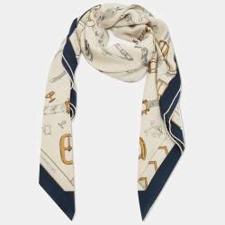 Pre Owned Hermès Naturel/Navy Blue Les Chevaux Dechaine Cashmere & Silk Shawl 140